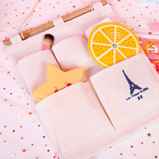 簡約棉麻鐵塔掛袋 壁掛式收納袋 創意5口掛袋 布藝雜物收納袋