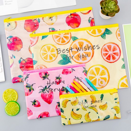 小清新水果網格拉鏈袋 創意印花水果文件袋 多尺寸水果文件袋 辦公必備