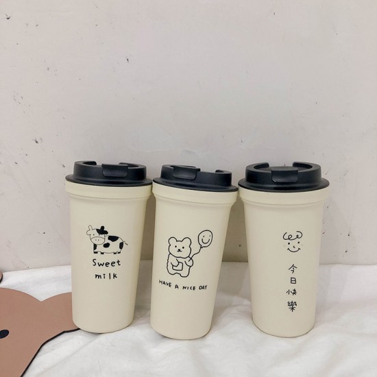 可愛圖案隨手杯 創意手繪小熊咖啡杯 簡約隨身飲料杯