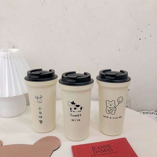 可愛圖案隨手杯 創意手繪小熊咖啡杯 簡約隨身飲料杯