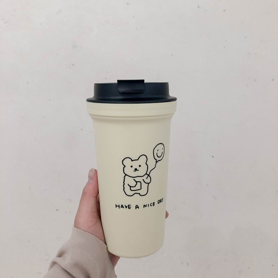可愛圖案隨手杯 創意手繪小熊咖啡杯 簡約隨身飲料杯
