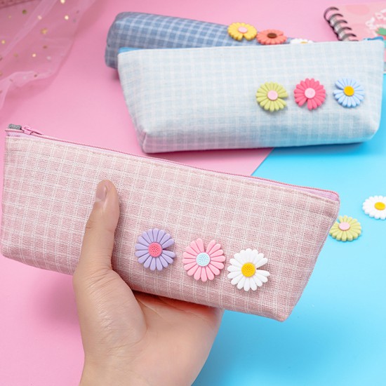 小雛菊帆布筆袋 簡約大容量帆布文具袋 多功能小清新文具收納袋 鉛筆盒