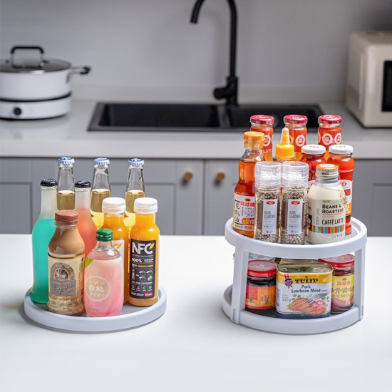 可旋轉調味瓶收納架 創意旋轉雙層置物架 廚房必備調味罐收納架
