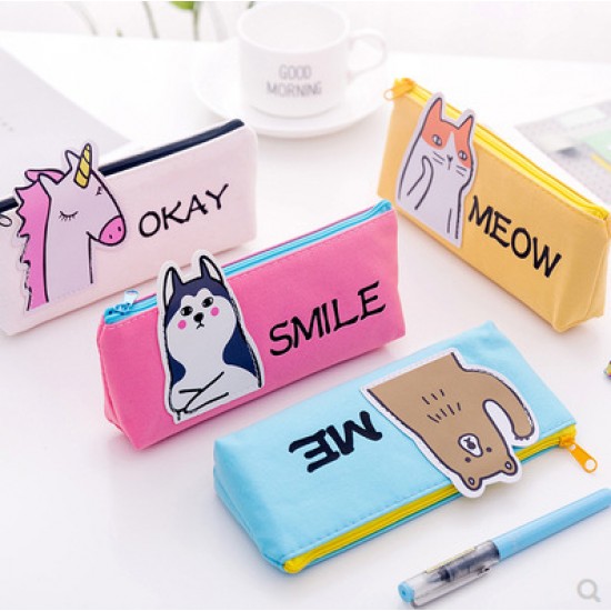 可愛動物帆布筆袋 大容量文具收納袋 可愛動物小清新文具袋 帆布收納袋