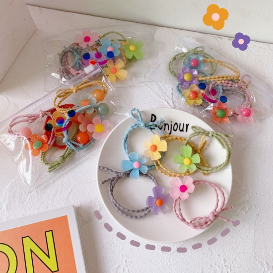 可愛花朵髮圈組 氣質甜美小花朵髮圈 可愛小花圖案髮圈5件組 髮束