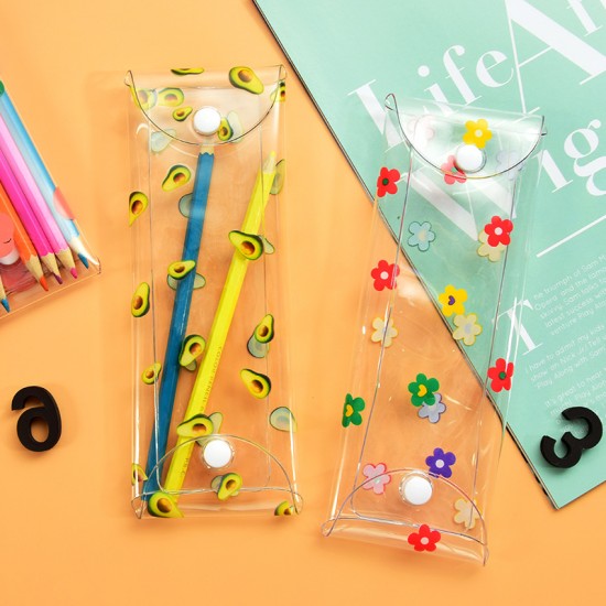 按壓式透明筆袋 可愛印花圖案PVC筆袋 小清新文具收納盒 收納袋 鉛筆盒