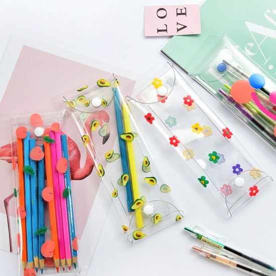按壓式透明筆袋 可愛印花圖案PVC筆袋 小清新文具收納盒 收納袋 鉛筆盒