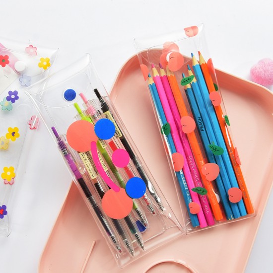 按壓式透明筆袋 可愛印花圖案PVC筆袋 小清新文具收納盒 收納袋 鉛筆盒