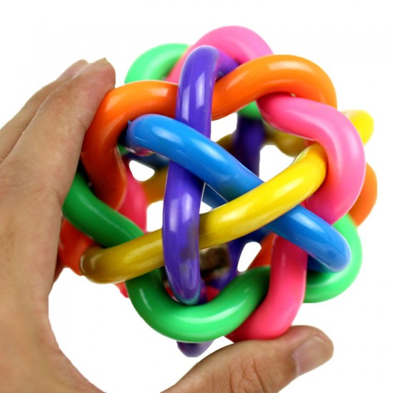 寵物七彩鈴鐺球 創意造型彩虹編織球玩具 七彩造型球橡膠玩具