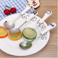 不鏽鋼長柄湯匙 陶瓷手柄可愛圖案湯匙 可愛動物不鏽鋼餐具 小湯匙