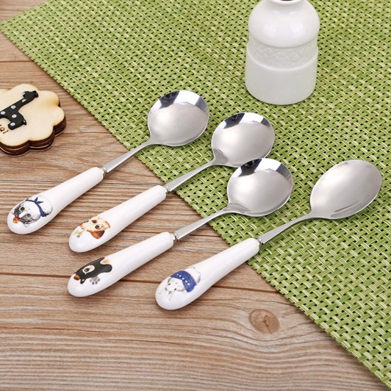 不鏽鋼長柄湯匙 陶瓷手柄可愛圖案湯匙 可愛動物不鏽鋼餐具 小湯匙