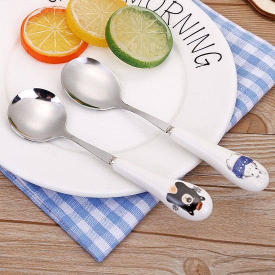 不鏽鋼長柄湯匙 陶瓷手柄可愛圖案湯匙 可愛動物不鏽鋼餐具 小湯匙