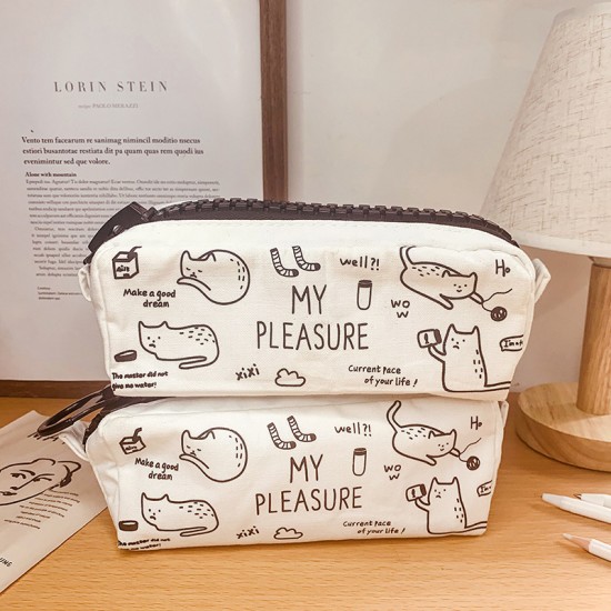 可愛貓咪帆布筆袋 簡約學生文具袋 小清新文具收納袋 學生鉛筆盒