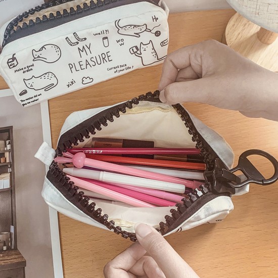 可愛貓咪帆布筆袋 簡約學生文具袋 小清新文具收納袋 學生鉛筆盒