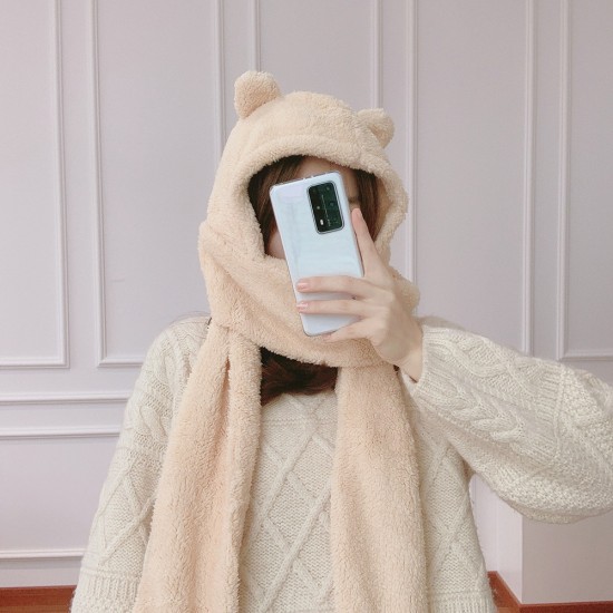 [館長大推]小熊保暖帽子圍巾 冬季保暖頭套 可愛造型小熊耳朵帽子圍巾 可愛小熊保暖帽子圍巾