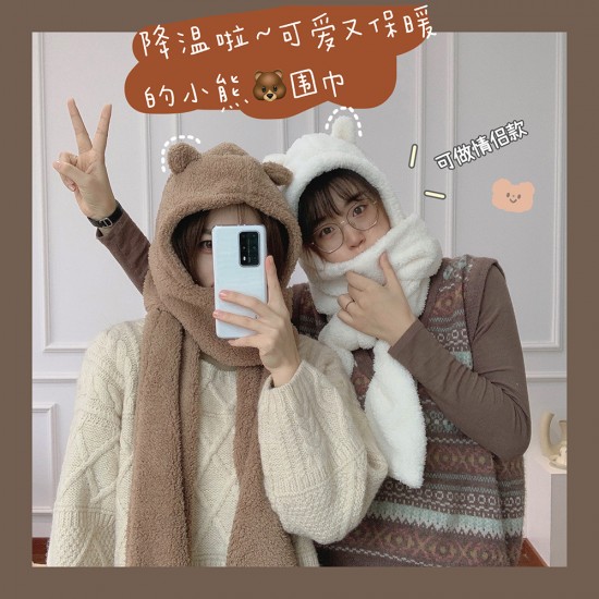 [館長大推]小熊保暖帽子圍巾 冬季保暖頭套 可愛造型小熊耳朵帽子圍巾 可愛小熊保暖帽子圍巾