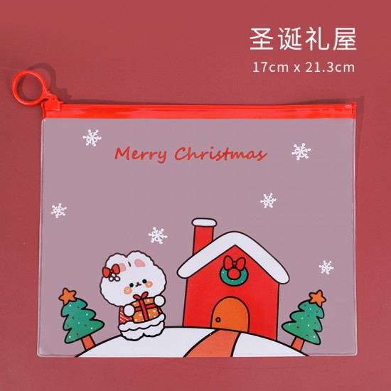 聖誕節指環文件袋 創意學生必備透明文件袋 可愛聖誕老人雪人麋鹿文具袋 收納袋
