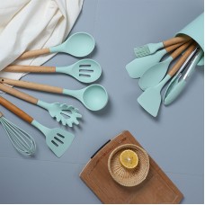 木柄矽膠廚具12件組 廚房必備不沾鍋專用矽膠廚房用具 耐高溫廚具組合