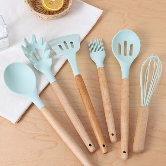 木柄矽膠廚具12件組 廚房必備不沾鍋專用矽膠廚房用具 耐高溫廚具組合