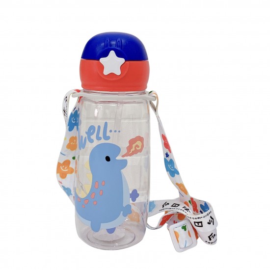 星星兔杯蓋吸管冷水壺 可愛恐龍圖案塑膠水壺 600ml背帶學生水杯