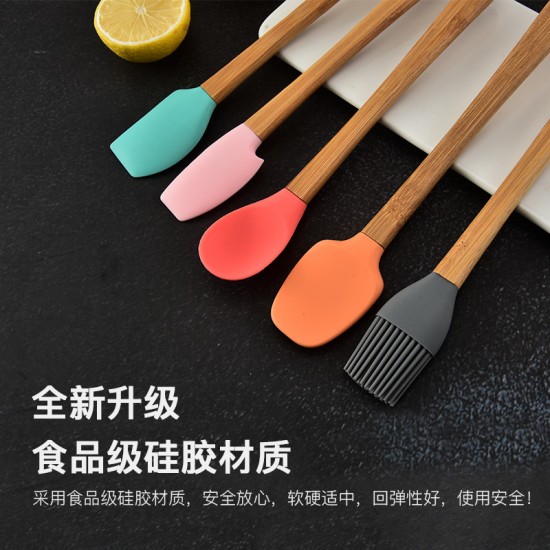 彩色烘焙工具5件組 木柄矽膠鍋鏟刮刀油刷湯匙 簡約美觀 收納方便