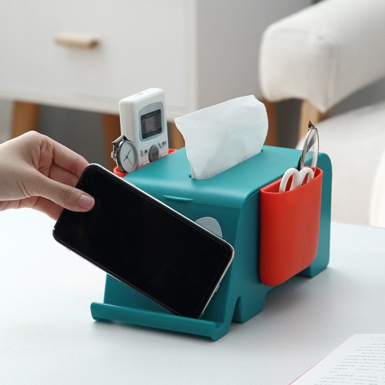 撞色大象面紙盒 PVC雙邊掛袋桌面遙控器收納盒 手機支架