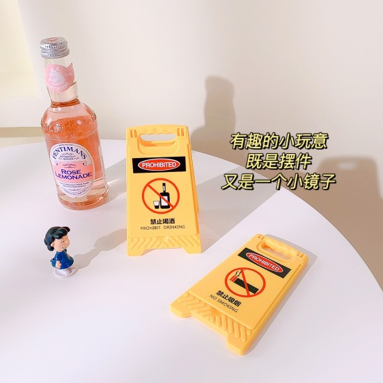 迷你黃色路障警示化妝鏡 創意造型隨身鏡 警示牌造型鏡子