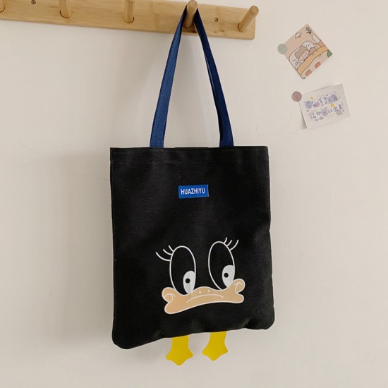 可愛圖案帆布單肩包 小清新學院風大容量托特包 帆布手提袋 小鴨包包