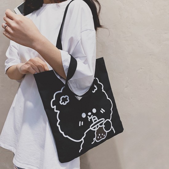 可愛簡約帆布單肩包 大容量小熊帆布袋 外出實用手提袋