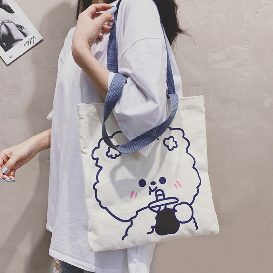 可愛簡約帆布單肩包 大容量小熊帆布袋 外出實用手提袋