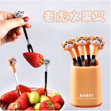 老虎頭造型水果叉 不鏽鋼甜品蛋糕小叉子 時尚老虎水果叉 6支裝