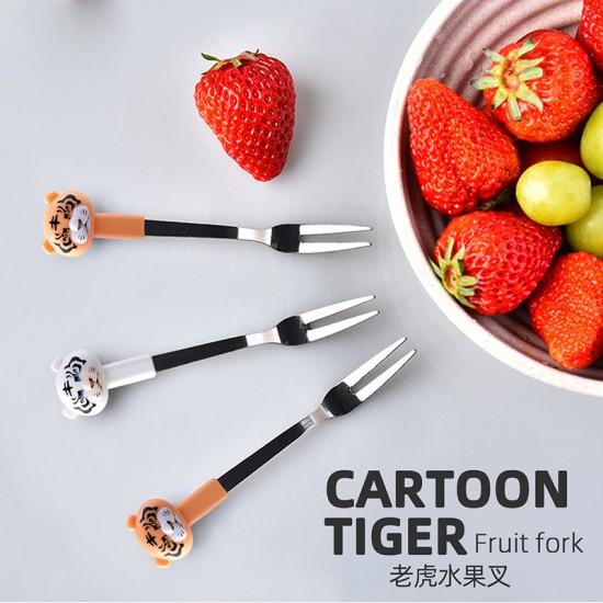 老虎頭造型水果叉 不鏽鋼甜品蛋糕小叉子 時尚老虎水果叉 6支裝