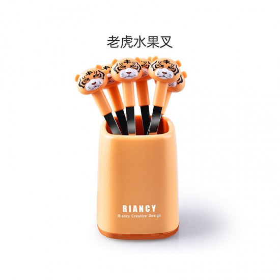 老虎頭造型水果叉 不鏽鋼甜品蛋糕小叉子 時尚老虎水果叉 6支裝