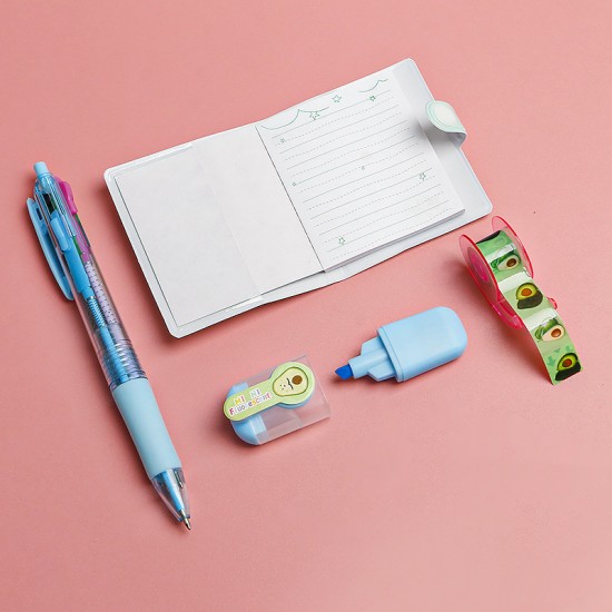 可愛酪梨文具四件組 學生獎品 創意文具組 筆記本螢光筆膠帶四色筆組