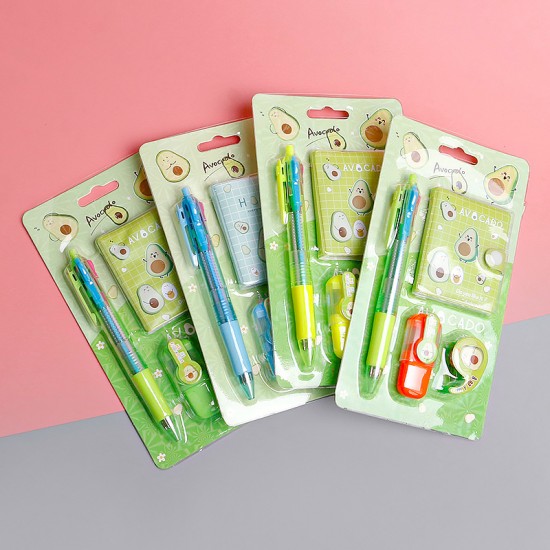 可愛酪梨文具四件組 學生獎品 創意文具組 筆記本螢光筆膠帶四色筆組