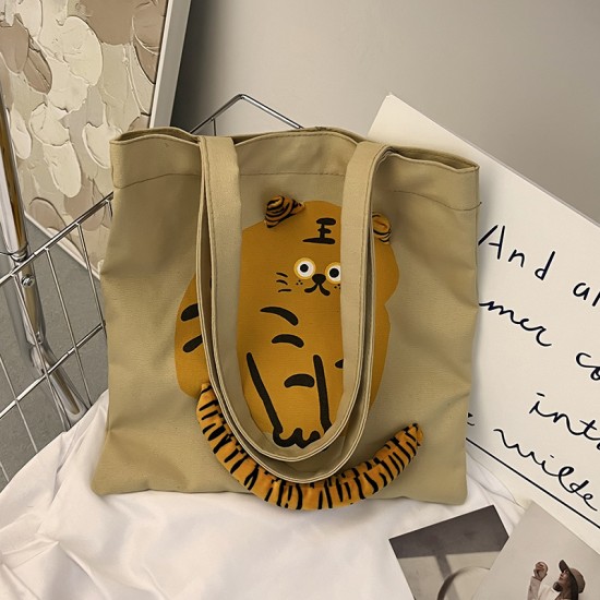 可愛老虎帆布包 大容量單肩包 時尚萌虎手提包 立體老虎尾巴帆布包