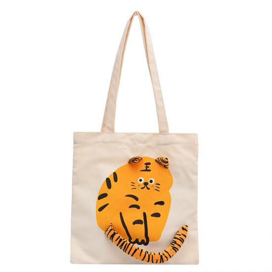 可愛老虎帆布包 大容量單肩包 時尚萌虎手提包 立體老虎尾巴帆布包
