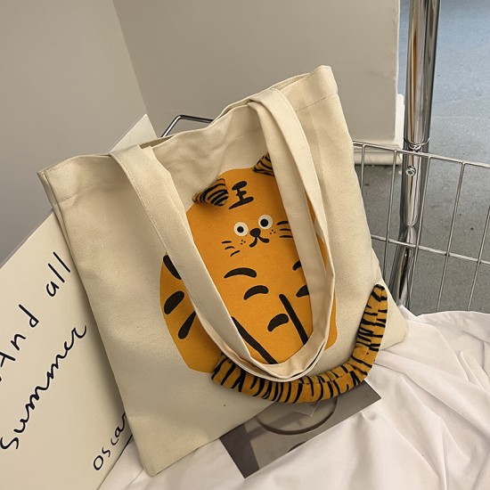 可愛老虎帆布包 大容量單肩包 時尚萌虎手提包 立體老虎尾巴帆布包