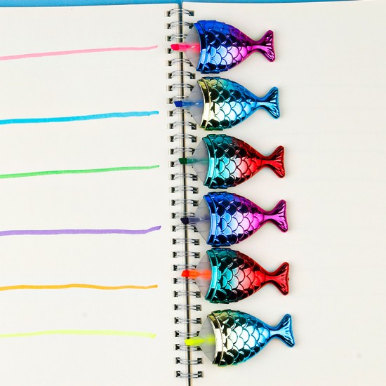 創意魚形螢光筆組 美人魚漸層電鍍螢光筆 6色袋裝記號筆 畫重點色筆