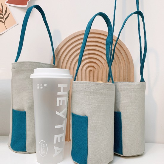 藍色帆布飲料斜背提袋 多功能撞色水壺袋 兩用收納手提袋 飲料杯套