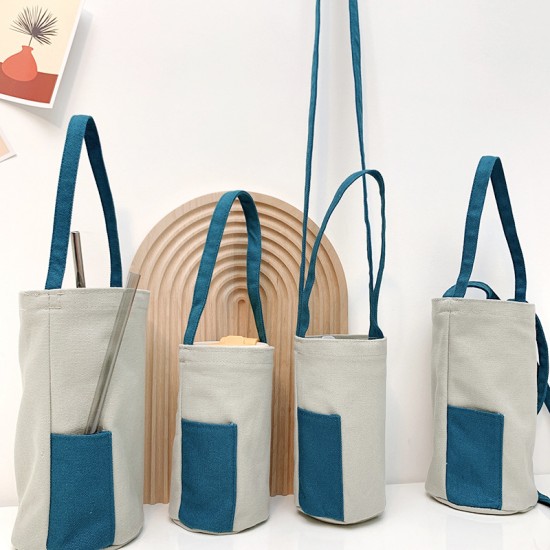 藍色帆布飲料斜背提袋 多功能撞色水壺袋 兩用收納手提袋 飲料杯套