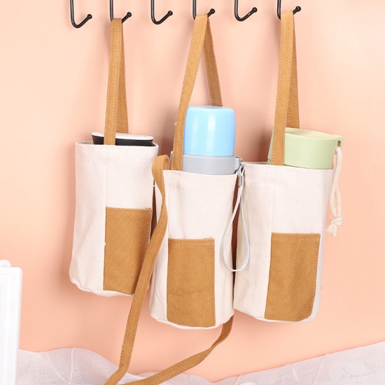 土黃色帆布飲料斜背提袋 多功能撞色水壺袋 兩用收納手提袋 飲料杯套