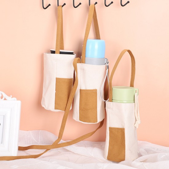 土黃色帆布飲料斜背提袋 多功能撞色水壺袋 兩用收納手提袋 飲料杯套