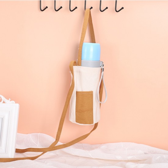 土黃色帆布飲料斜背提袋 多功能撞色水壺袋 兩用收納手提袋 飲料杯套