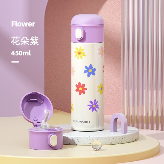 簡約316不鏽鋼保溫杯 可愛印花隨身保溫瓶 彈跳杯蓋吸管杯 水杯 水壺