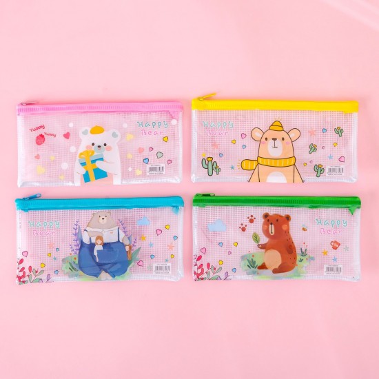 可愛圖案透明網格筆袋 簡約學生文具拉鍊袋 小物收納袋 A6考試筆袋