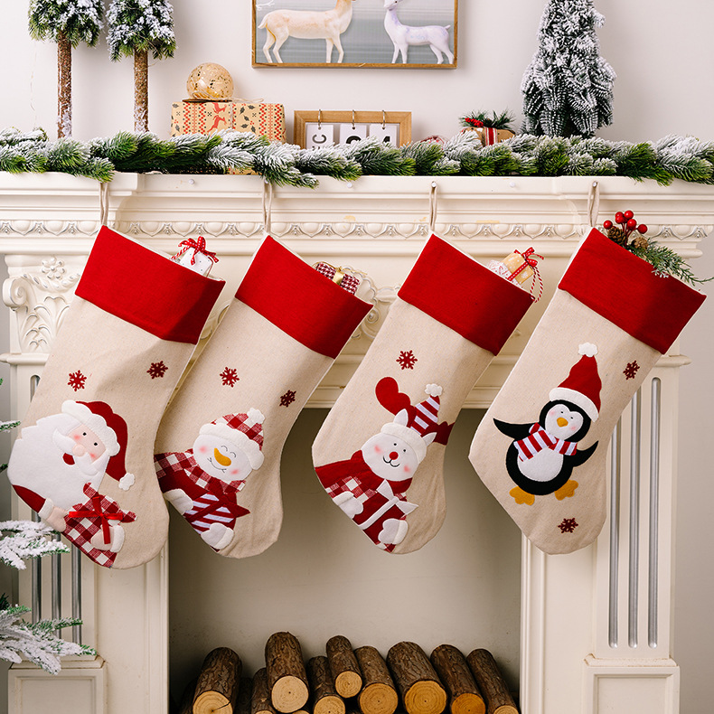 麻布印花聖誕襪 聖誕禮物 聖誕老人 雪人麋鹿 聖誕樹掛飾 禮物袋 0