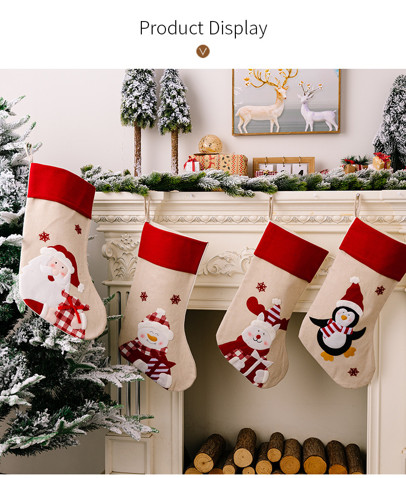 麻布印花聖誕襪 聖誕禮物 聖誕老人 雪人麋鹿 聖誕樹掛飾 禮物袋 5