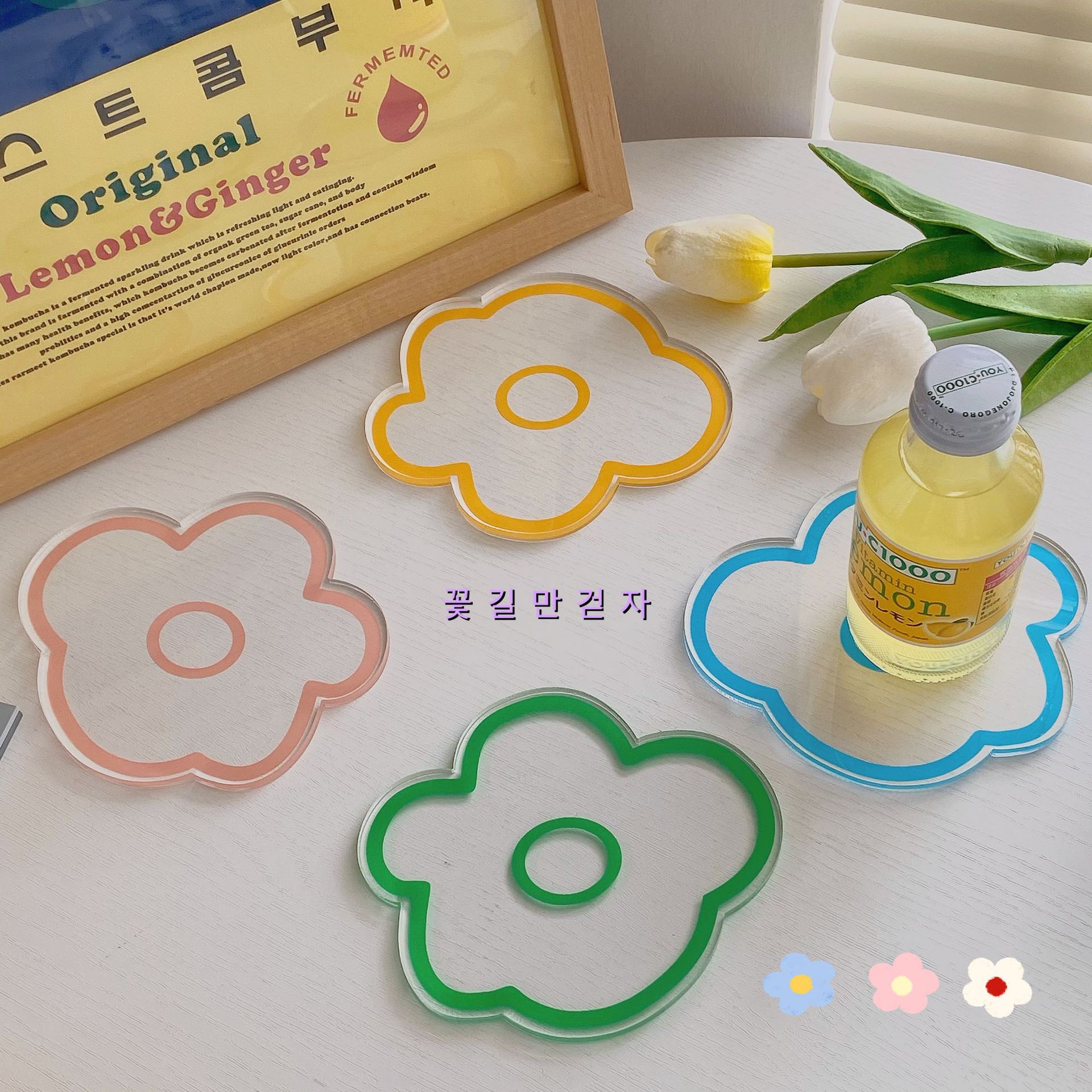 【花朵圖案】可愛小花壓克力杯墊 - 透明防燙隔熱墊1