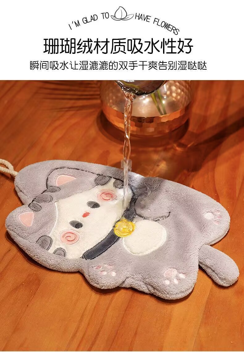 【掛式設計】招財貓造型珊瑚絨擦手巾 - 廚房浴室超吸水毛巾5
